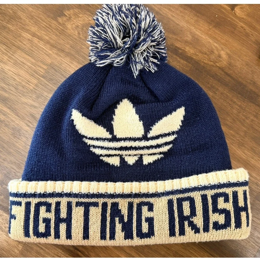 Adidas Originals Notre Dame Fighting Irish Beanie Hat Navy Blue Pom Knit Cap